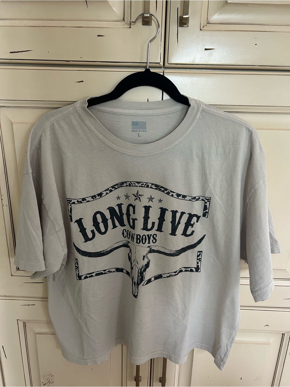 Western Long Live Cowboys Steer Head Boxy Crop Graphic Tee Tan -Large